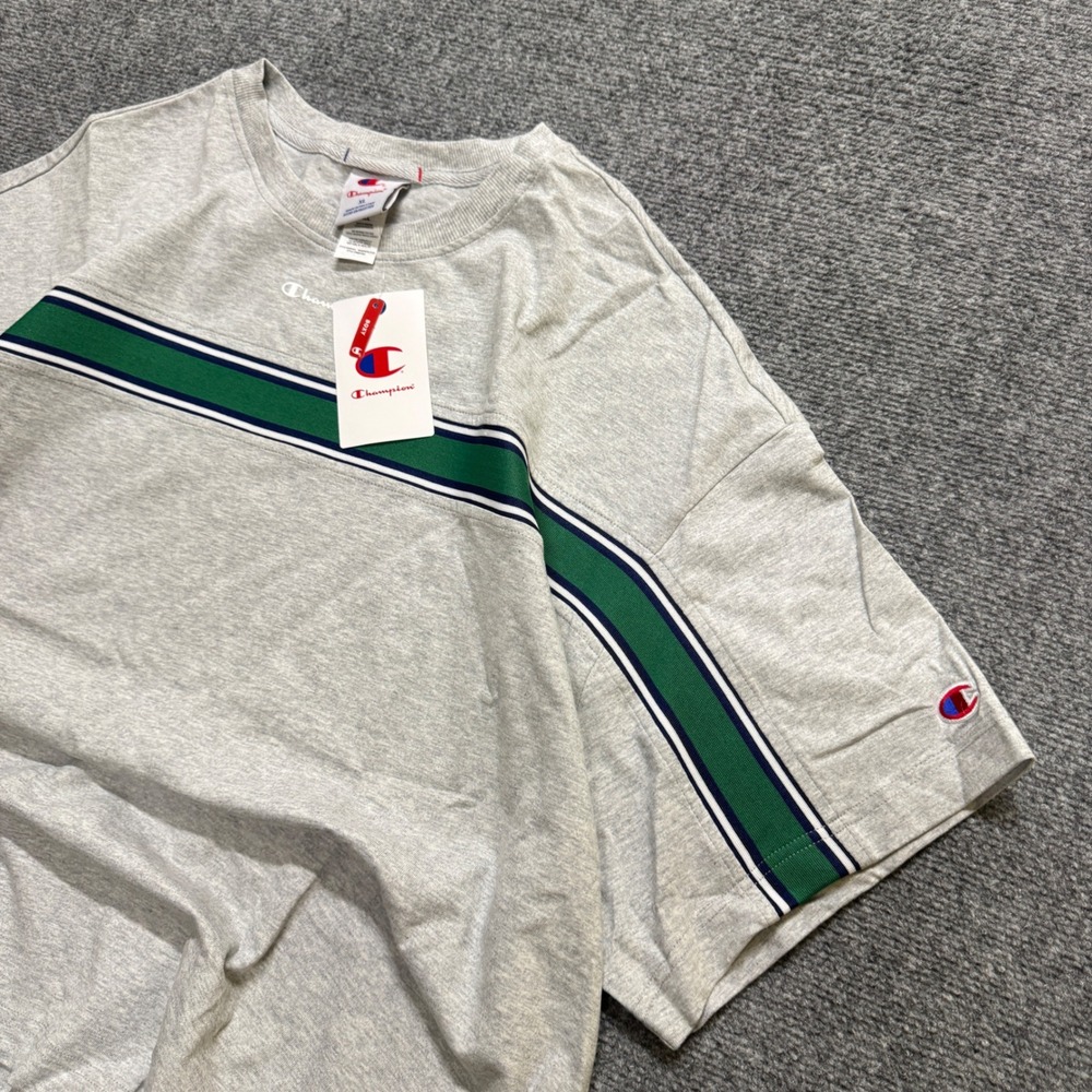 VTG Champion T-shirt Men's XL Heather Gray Y2K NWT Striped Green Heavyweight